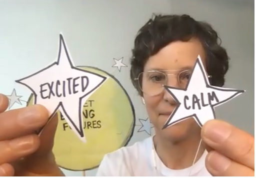 A person with short wavy hair and glasses holds up two cutout drawings of stars, one with the word EXCITED written inside and the other with the word CALM written inside. A yellow circle can be seen in the background with partially blocked text reading PLANET BEING FUTURES.